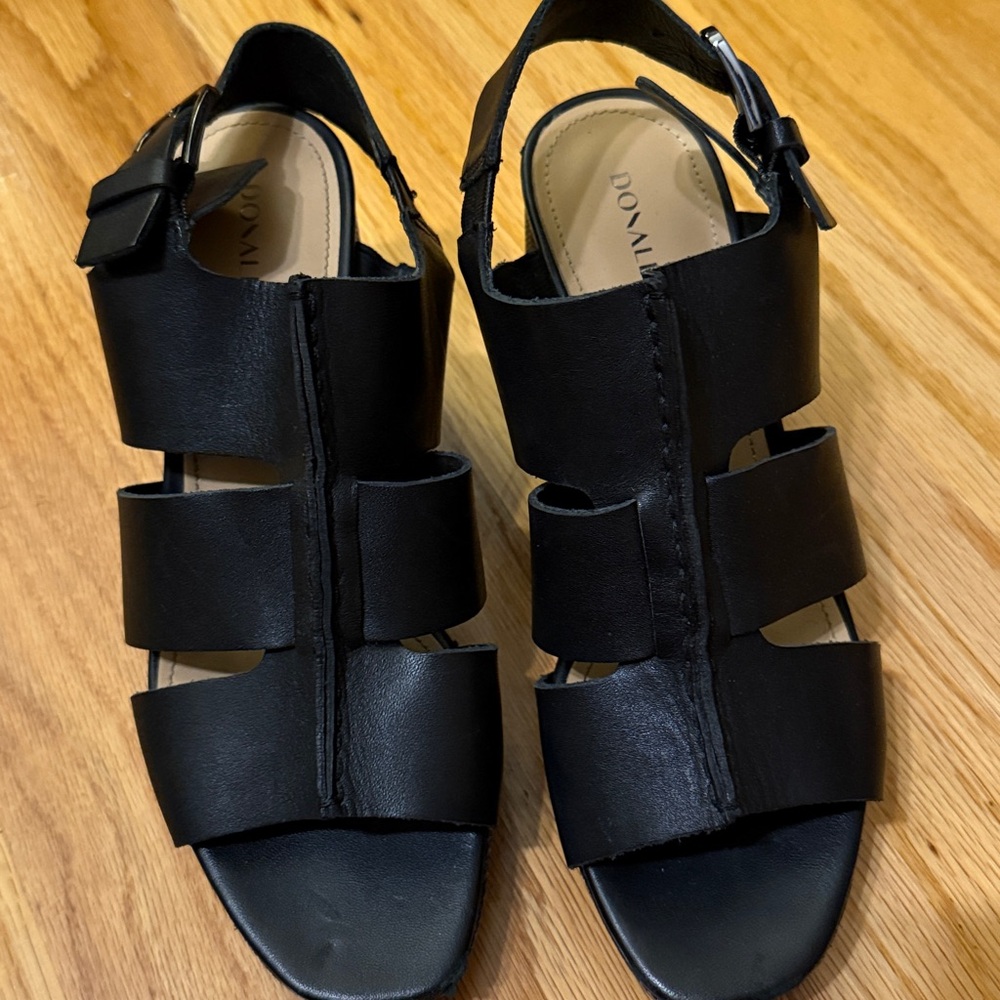 Donald J. Pliner Geneva Black Leather Open-Toe Stack Heels Sandals